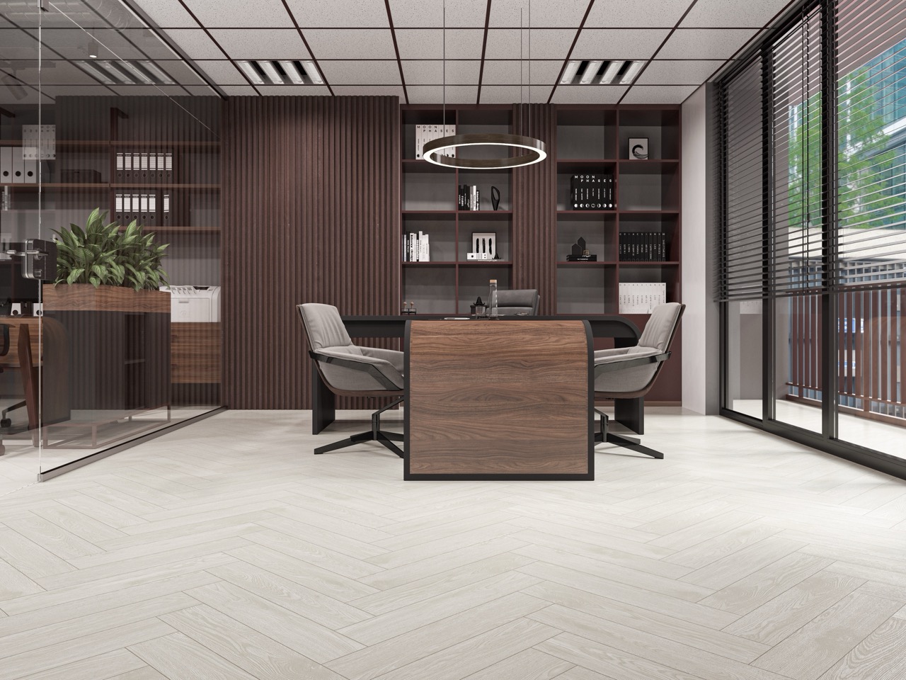 Кварцвиниловый SPC ламинат Cronafloor Herringbone Дуб Нант H003 венгерская елка 640×128×4,5 фото в интерьере